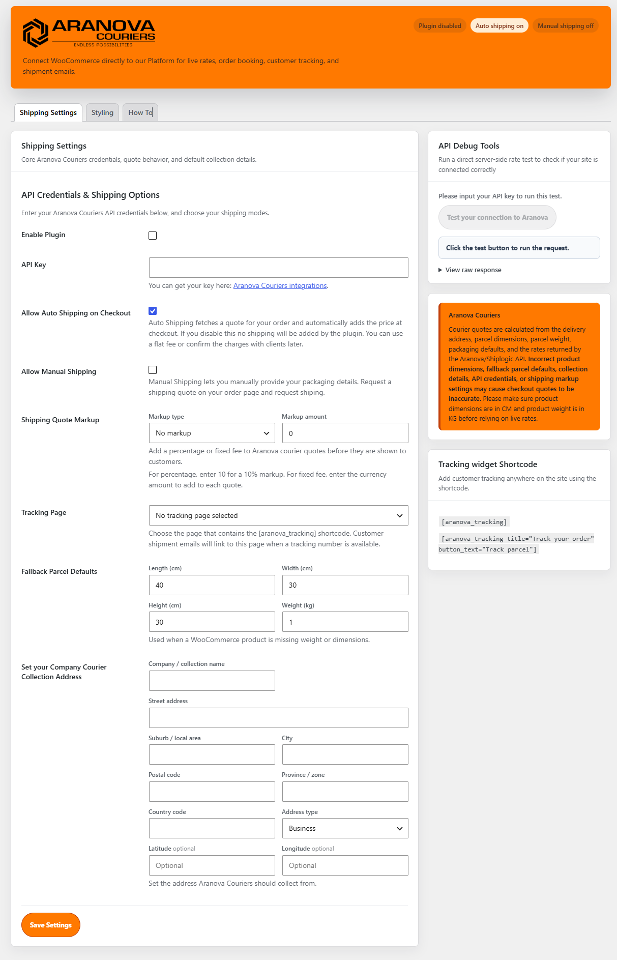 Aranova Couriers settings with API key, shipping modes, fallback parcels, and collection address