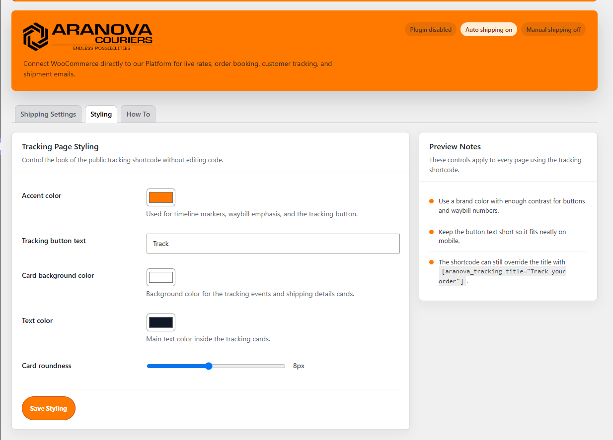 Aranova Couriers styling tab and API debug response in WordPress admin