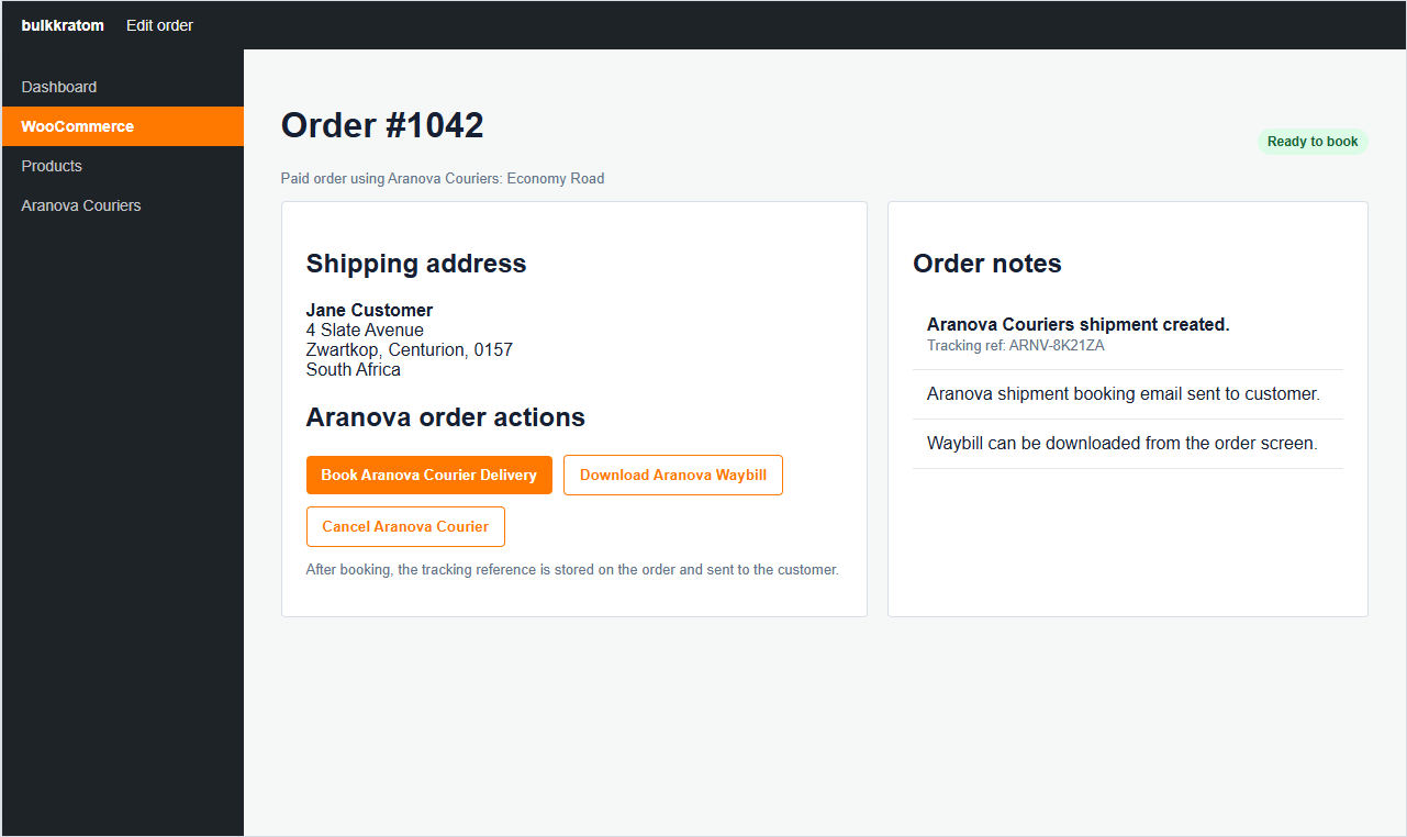 WooCommerce order screen with Aranova courier booking, waybill, and cancellation actions